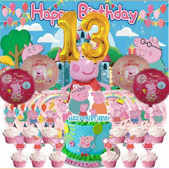 Peppa Pigs 13th Tableware Balloons Cake Toppers Backdrop Banner Supplies Party Decor Plates Decorations