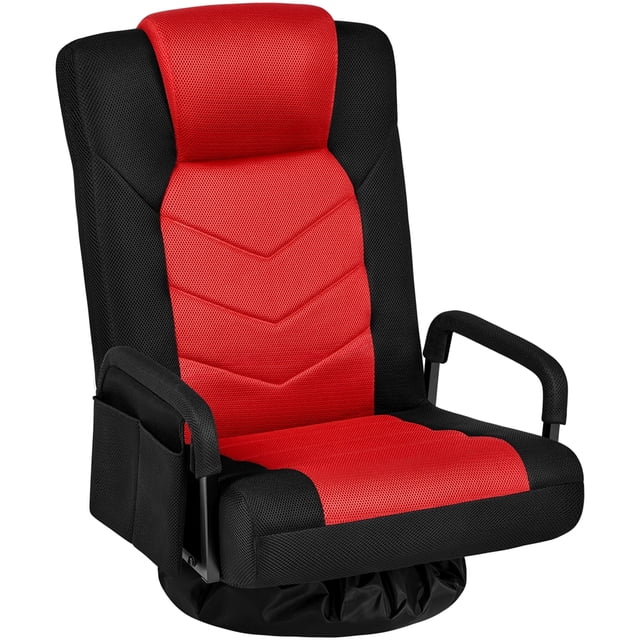 Yaheetech Swivel Folding Floor Gaming Chair with Armrests and Adjustable Backrest, Black/Red