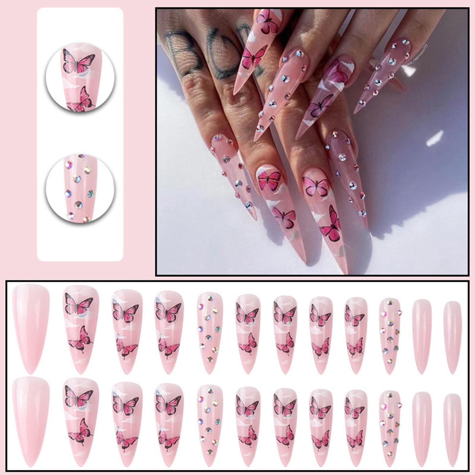 Nail Decor 24pcs Long Almond False Nails Pink Butterfly Cloud Rhinestones Design Acrylic Fake Nail Detachable Press On Nail Tips B0h4 Walmart Com