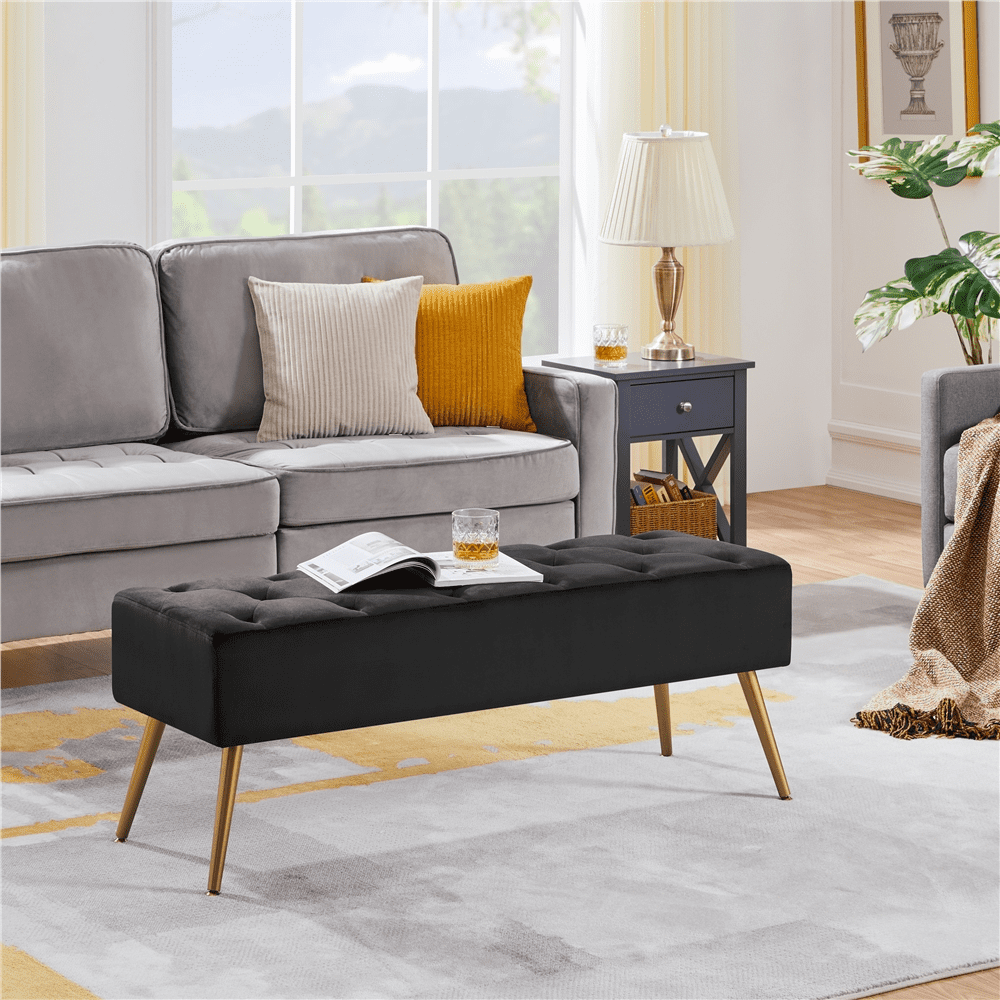 Alden Design Modern Upholstered Velvet Ottoman Footstool Bench for Bedroom, Black