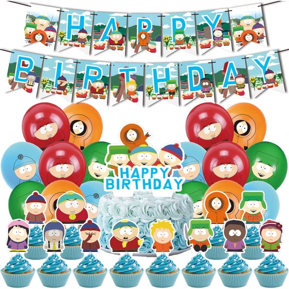 30 Pcs For South Park Cartoon-Themed Birthday Decorations and Party Favors Set – Includes Banner, Cake Topper, 16 Balloons, and 12 Cupcake Toppers for Celebration Events
