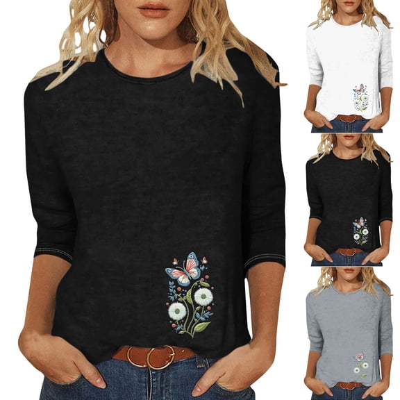 CYMMPU Flower Printed 3/4 Sleeve Summer Fashion Shirts Round Neck Blouses for Women Dressy Casual Tunic Tops Loose Fit Spring Tops Lightweight Basic T-Shirts Black L