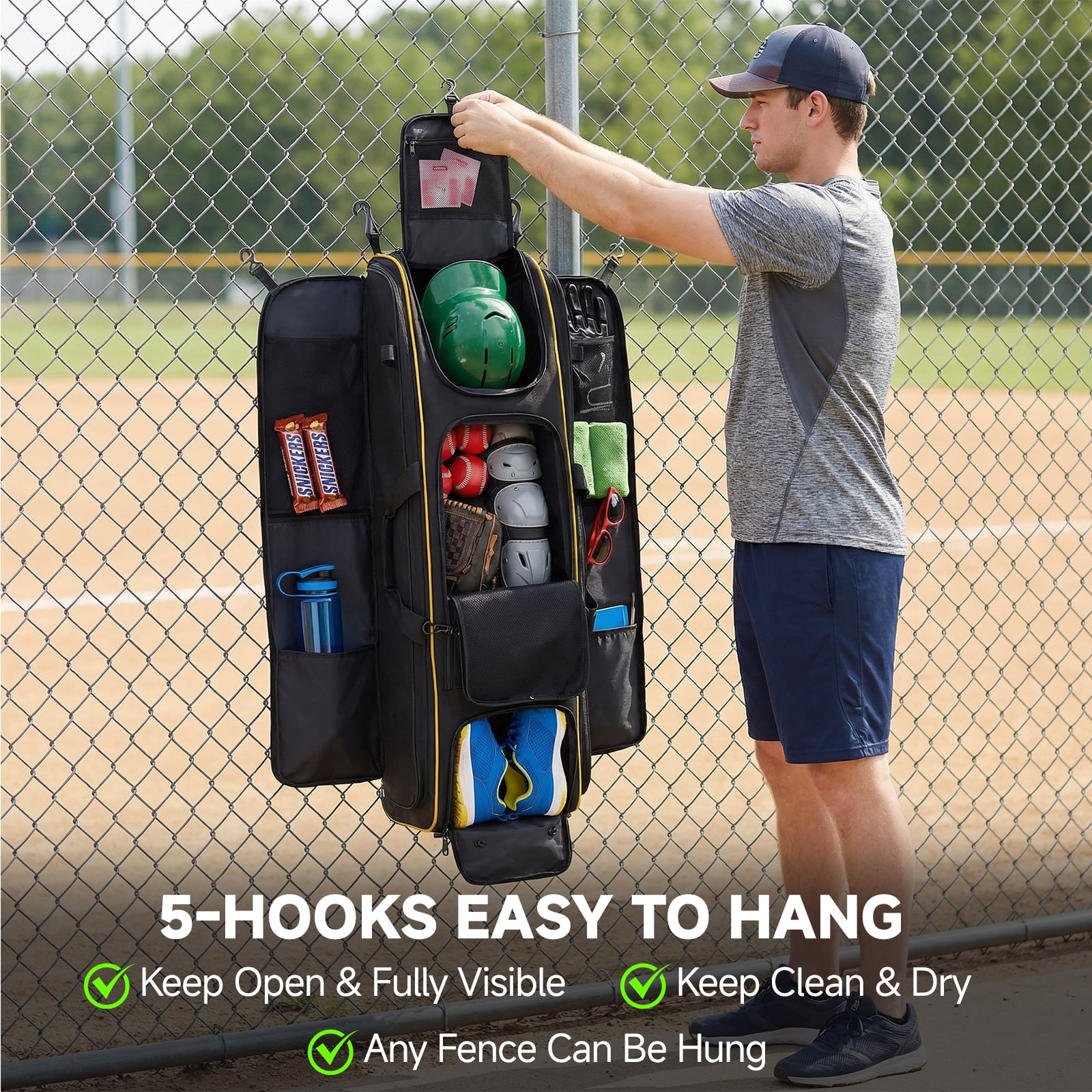 Fegat Rolling Baseball Bag with Wheels,100L Large Softball Bag Catchers Gear Bags for 8 Bats,Equipment Bag with 5 Fence Hooks,Reflective Strip,Shoe Compartment,Holds All Softball Baseball Equipment