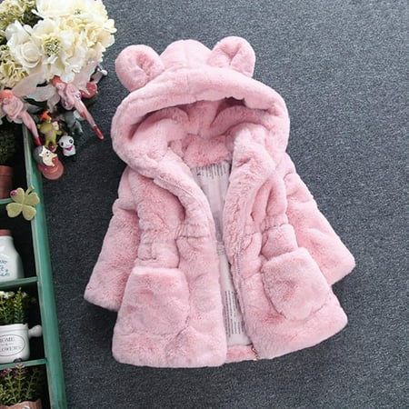 

Leutsin Toddler Baby Girls Solid Color Plush Cute Bear Ears Pocket Winter Thick Coat