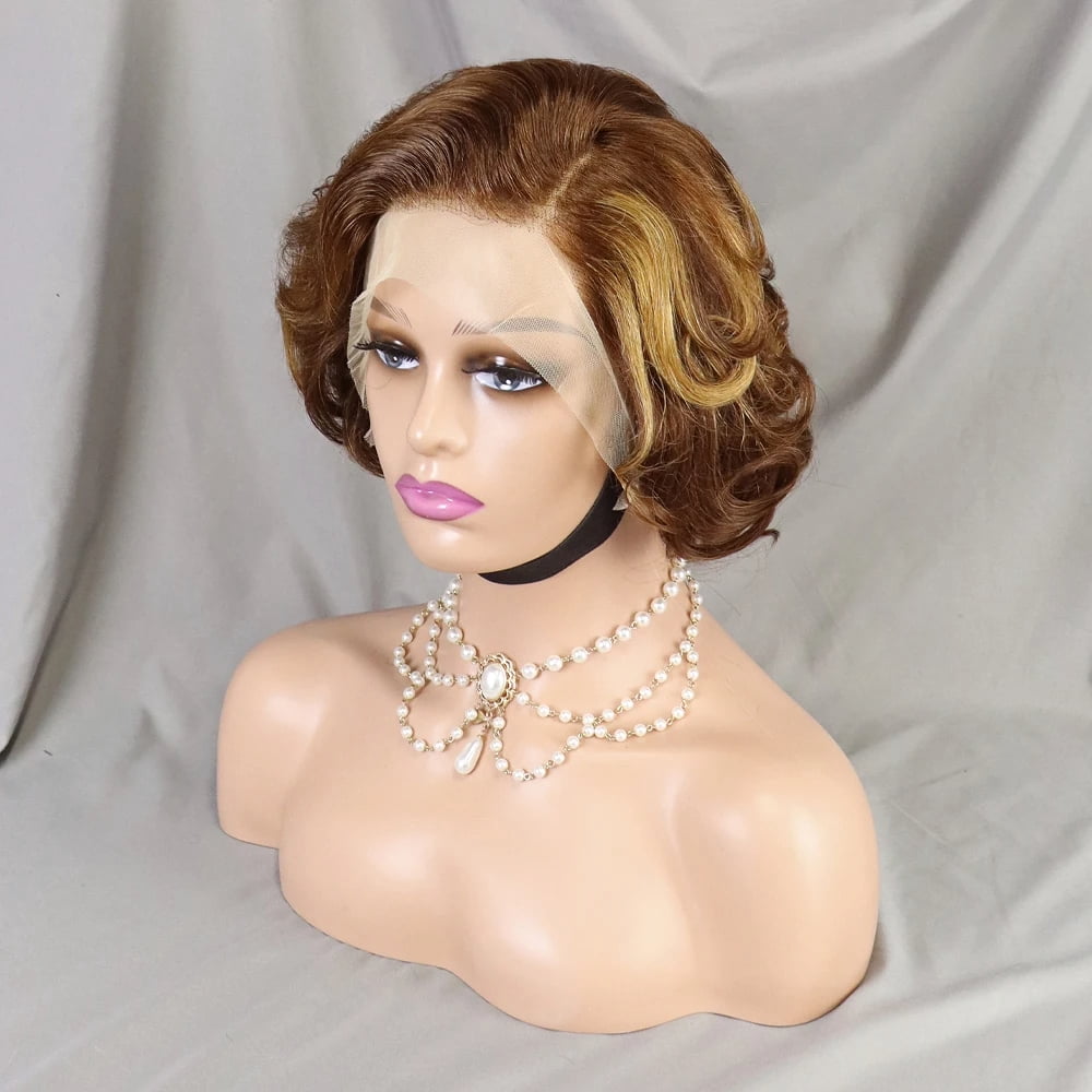 4/30 Brown Color Loose Wave Pixie Cut Wig Short Bob Human Hair 13x4 Lace Frontal Wigs Transparent Lace Human Hair for Black Women Lace Front Human Hair Wig