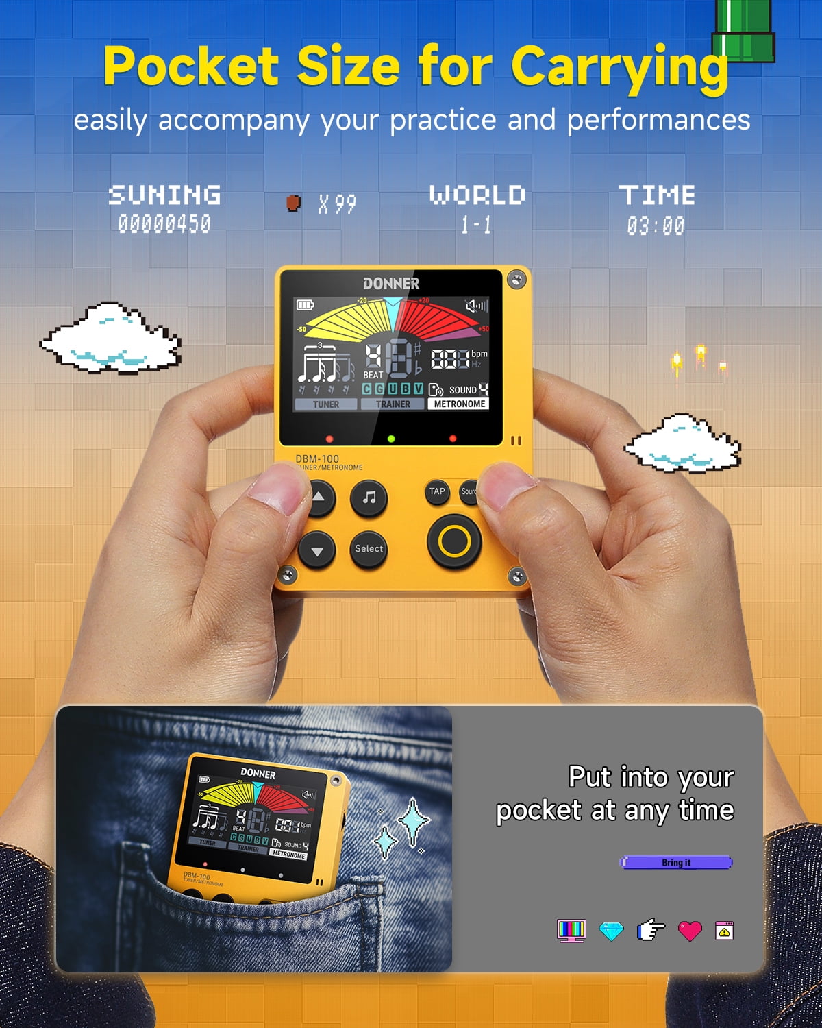 Donner Digital Metronome Tuner 3-in-1 For Guitar, Violin, Ukulele, Piano, Flute & All Instruments, Yellow