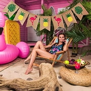 2 Pieces Hello Summer Banner Flamingo Pineapple Palm Leaves Banner Rustic Garland Decorations for Hawaiian Summer Party (Color Set 1)