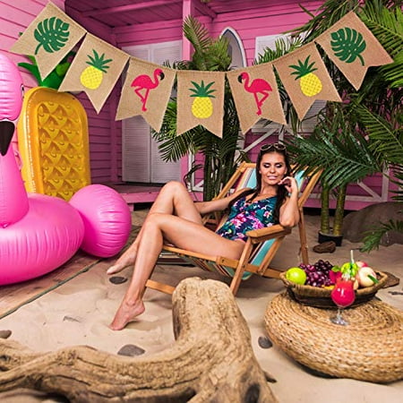 2 Pieces Hello Summer Banner Flamingo Pineapple Palm Leaves Banner Rustic Garland Decorations for Hawaiian Summer Party (Color Set 1)