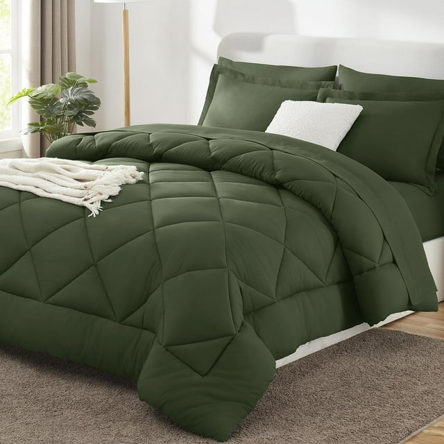 Juego de edredón CozyLux Queen, verde oliva, 7 piezas, todas las estaciones