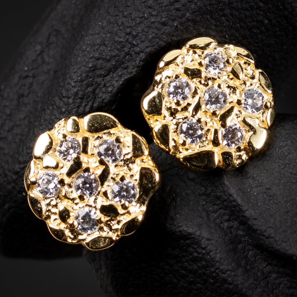 Circle 14K Yellow Gold Plated 925 Sterling Silver Screw Back Post Round Retro 90's Hip Hop Ice Out Cz Solid Gold Nugget Stud Earrings