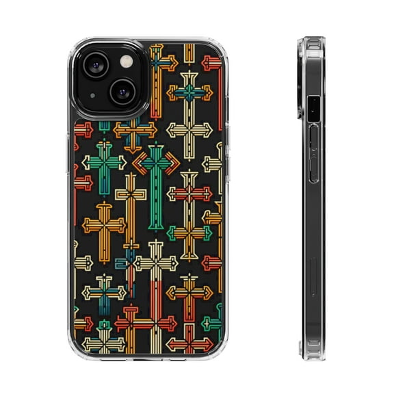 DistinctInk Hybrid (Acrylic / TPU) Clear Slim Fit Case for Apple iPhone 13 MINI (5.4" Screen) - "Vibrant Minimalism: Christian Cross Repeating Pattern"