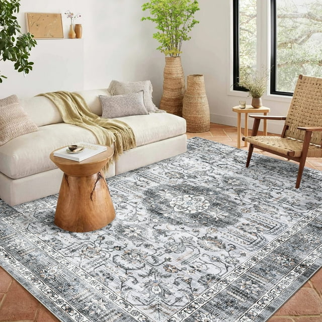 HOMERRY 8' x 10' Area Rug for Living Room Floral Geometric Washable Bedroom Non-Slip Carpet for Home Decor, Gray