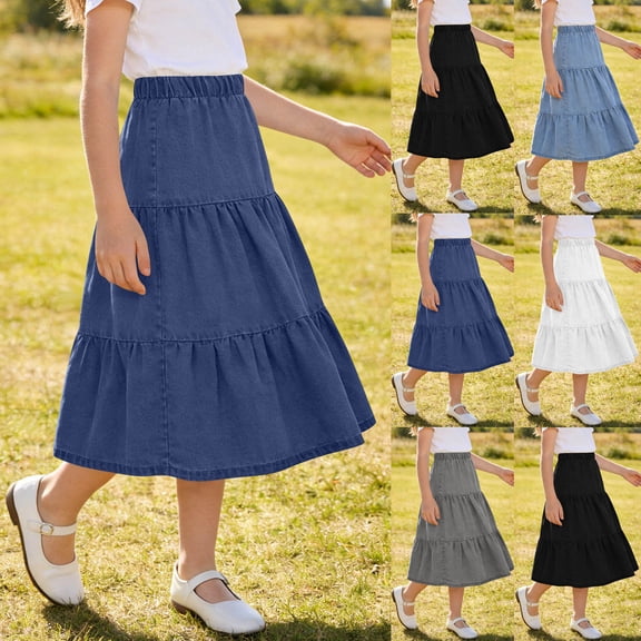 MKOSPLRT Girls' Maxi Skirts 4-15Y Tiered Elastic Waist Long Flowy Swing Ruffle Pleated Casual Summer Skirts for Travel Vacation