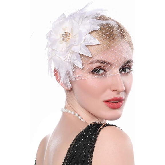 1920s Flapper Feather Hair Clip with Birdcage Veil Flower Fascinator White Headpiece for Women and Girls
