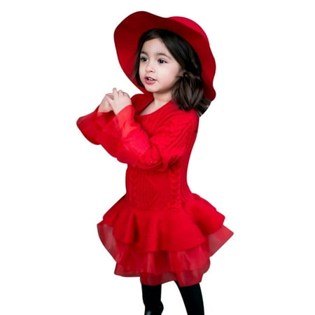 

Girls with Baby Tulle Kids Sweater Crochet Knitted Winter Dress Toddler Pullover Girls Dress&Skirt