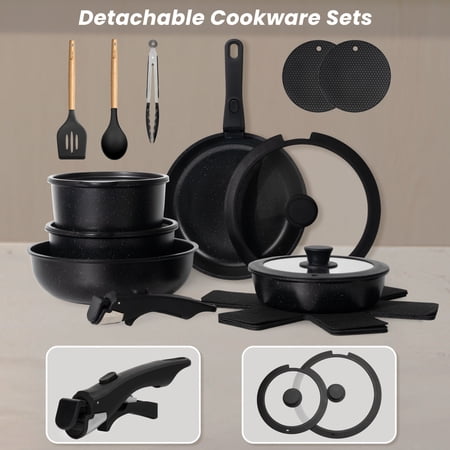 20-Piece Ceramic Nonstick Cookware Set Pots and Pans with Removable Handles, Oven & Dishwasher Safe, Induction Compatible, Space-Saving Stackable Design Black