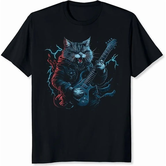 Rocker Cat Playing Electric Guitar Men Gift for Cat Dad Short Sleeve Graphic T-Shirt