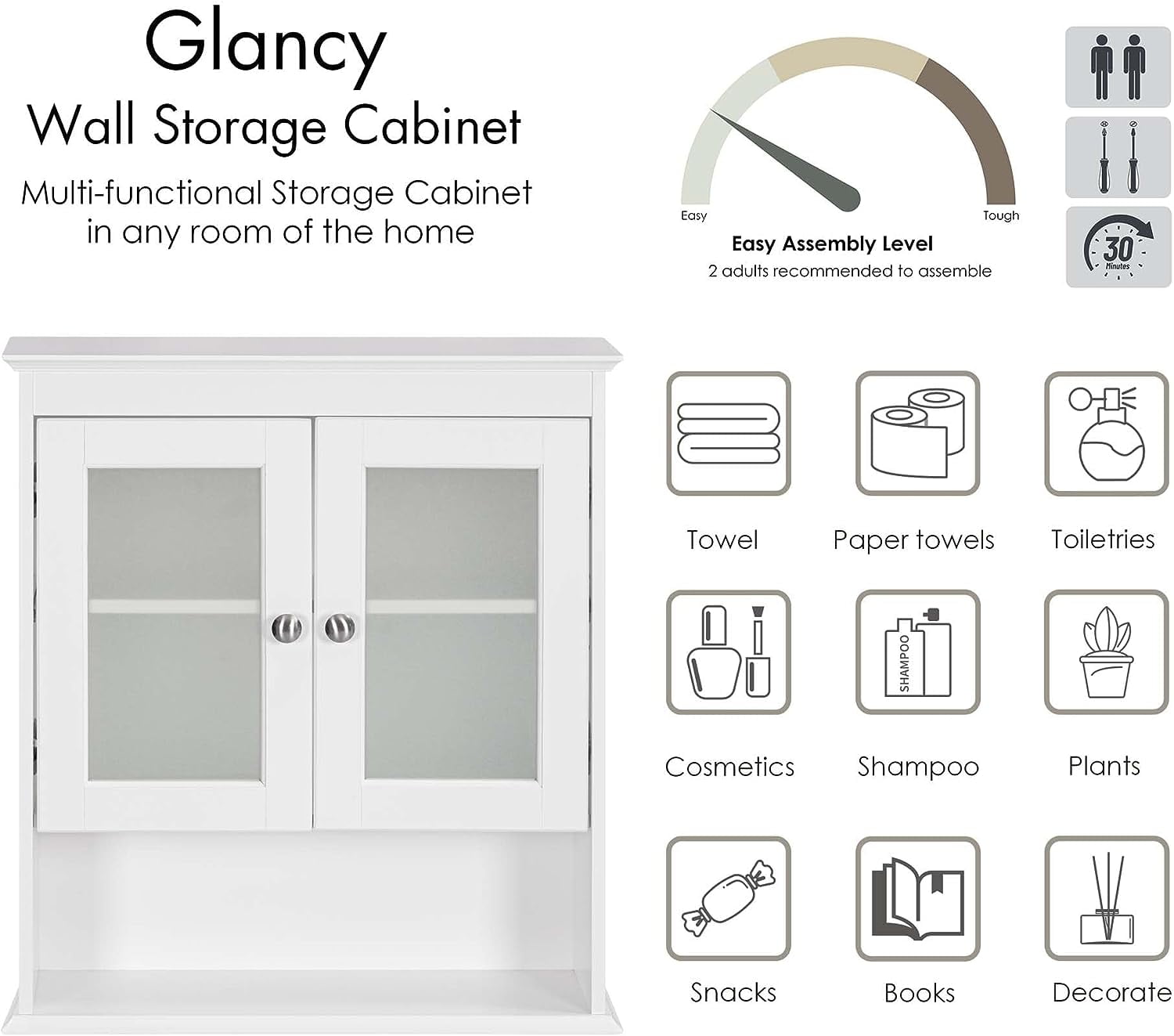 Spirich Elegant Bath Storage Organizer Wall Mounted Cabinet with Transparent Glass Doors, Adjustable Shelves, White