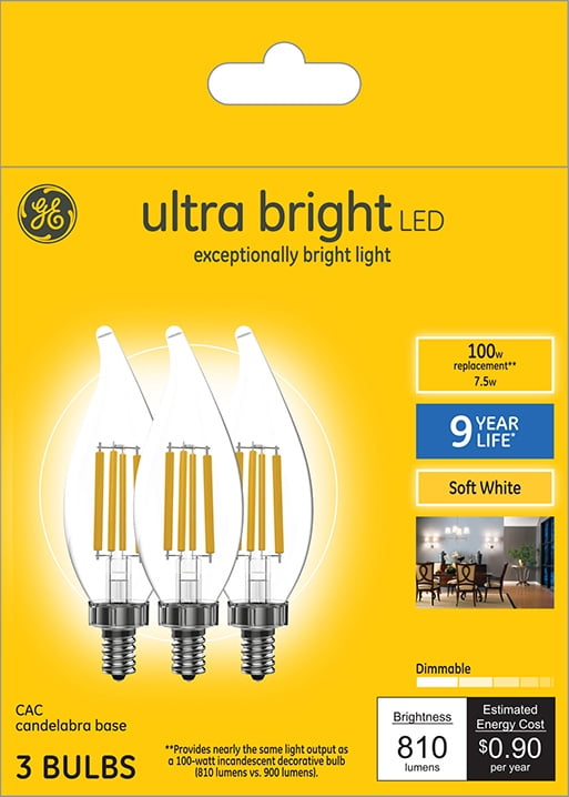 GE Ultra Bright LED Light Bulbs, Decorative Style Bulb Shape, Soft White, 100 Watt Replacement, Candelabra Base, Dimmable (3 Pack)