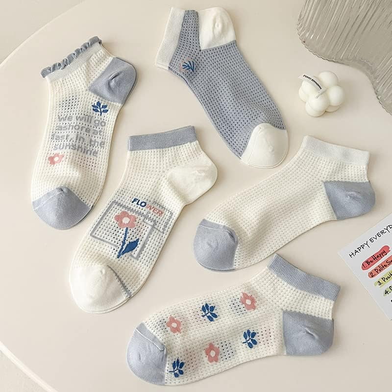 CoCozhu 5/10 Pairs Cute Flowers Patterned Design Combed Cotton Mesh Breathable Ankle Socks For Women Girls