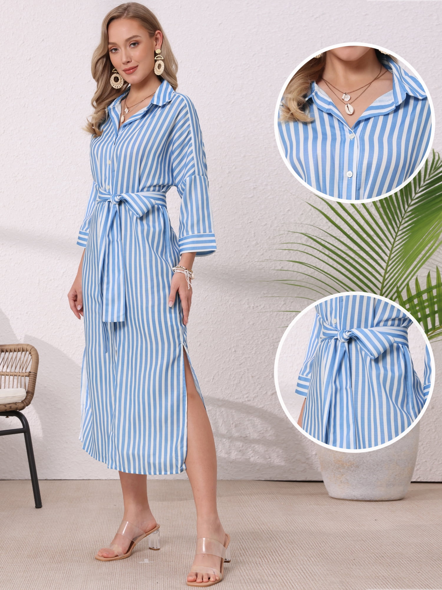 DARING DIVA Women's Stripe 3/4 Sleeve Button Down Split Belted Midi Shirtdress L Blue
