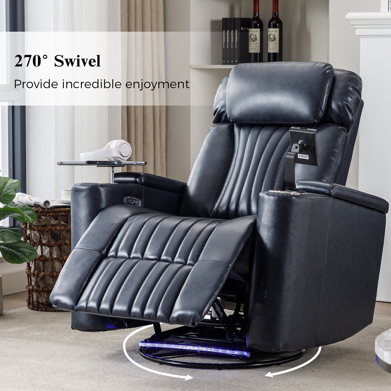 Resenkos 270° Power Swivel Recliner, Home Theater Seating with Hidden Arm Storage and LED Light Strip, Cup Holder, Blue Resenkos 270° Power Swivel Recliner, Home Theater Seating with Hidden Arm Storage and LED Light Strip, Cup Holder, Blue