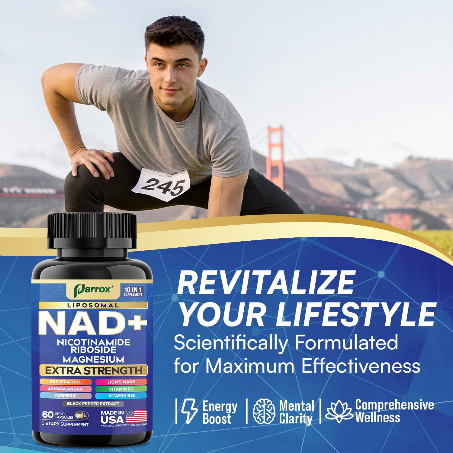 Parrox NAD+ Supplement with Vitamin B3 & B12, Magnesium, Resveratrol, Niacinamide, Turmeric, Ashwagandha, Lion’s Mane, Black Pepper Extract, Liposomal NAD, 10-in-1 Extra Strength (3 Pack)