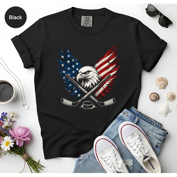 Distressed American Flag Hockey Eagle Fan Usa Player Graphic T-Shirt All Size S-3XL