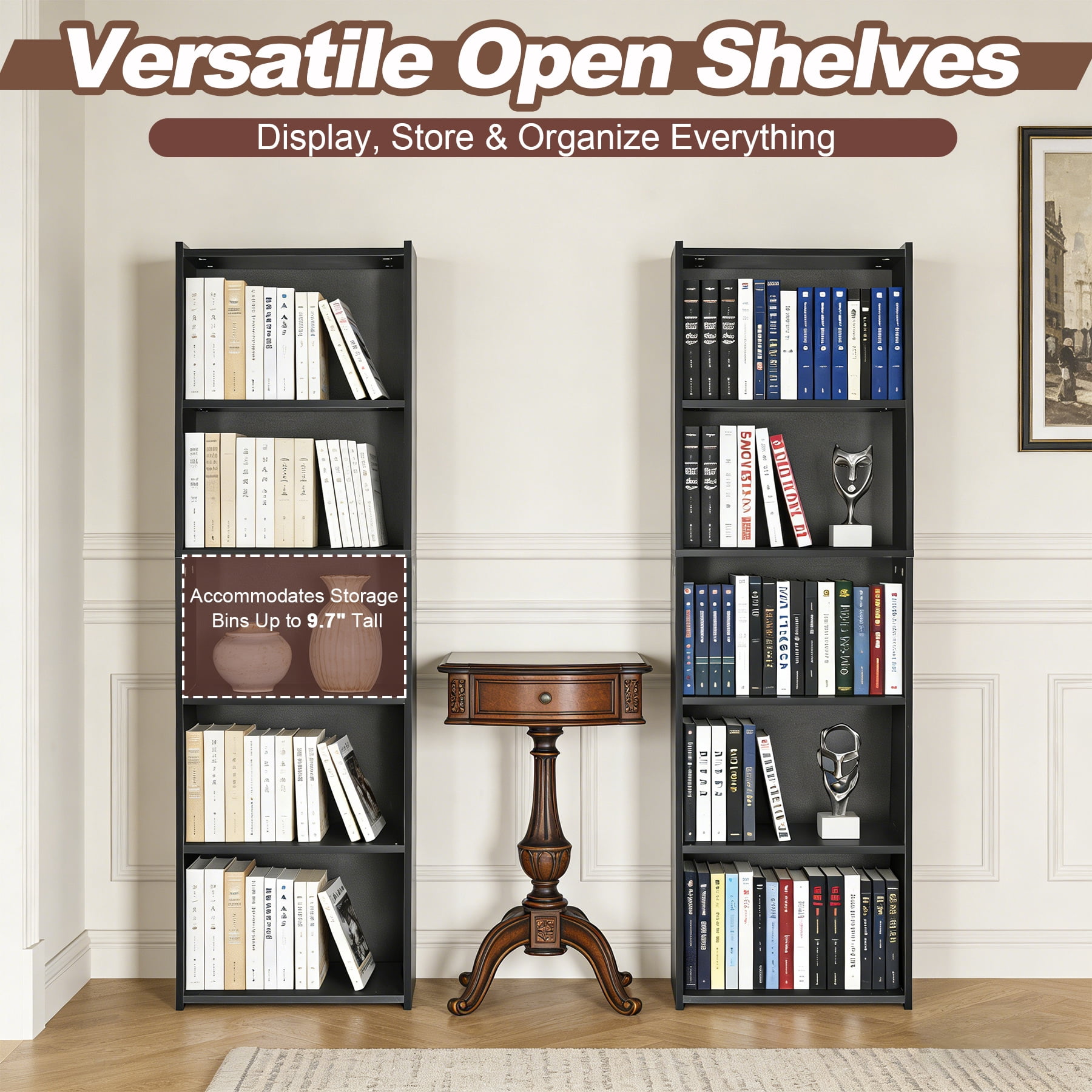 ZenSports 5-Shelves Narrow Bookcase Small Open Modern Bookshelf Adult Kids Storage Organizer Black