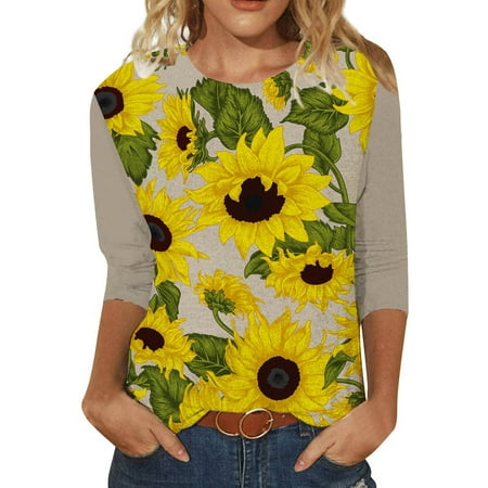 

Tawop Breast Cancer Scrub Tops Women Fashion O-Neck Casual Three Quarter Sunflower Print T-Shirt Blouse White Button Up Shirt Women