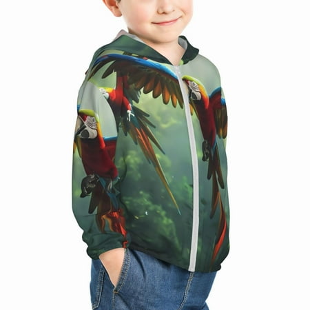 

Uemuo Flying Parrots In Jungle Pattern Rash Guard for Boys Girls Long Sleeve Swim Shirts UPF 50+ UV Sun Protection Hooded Fishing Shirt with Pocket for Kid-18 Months