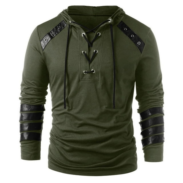 MIASHUI Sweat à Capuche Rétro pour Hommes, Panneau en Cuir, Lacé sur la Poitrine, Cordon de Serrage Réglable, Manches Longues, Vert, TTG