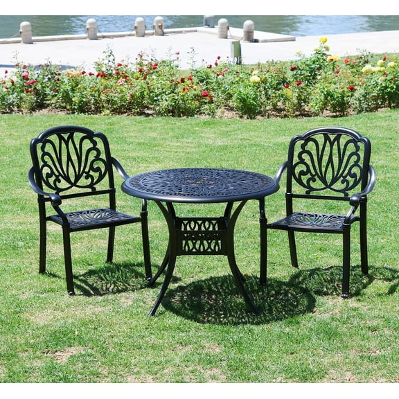 PATIO-IN 3 Piece Outdoor Bistro Set, Cast Aluminum Bistro Set Rustproof Patio Table and Chairs with 2.4" Umbrella Hole for Patio, Garden, Backyard and Balcony, Black