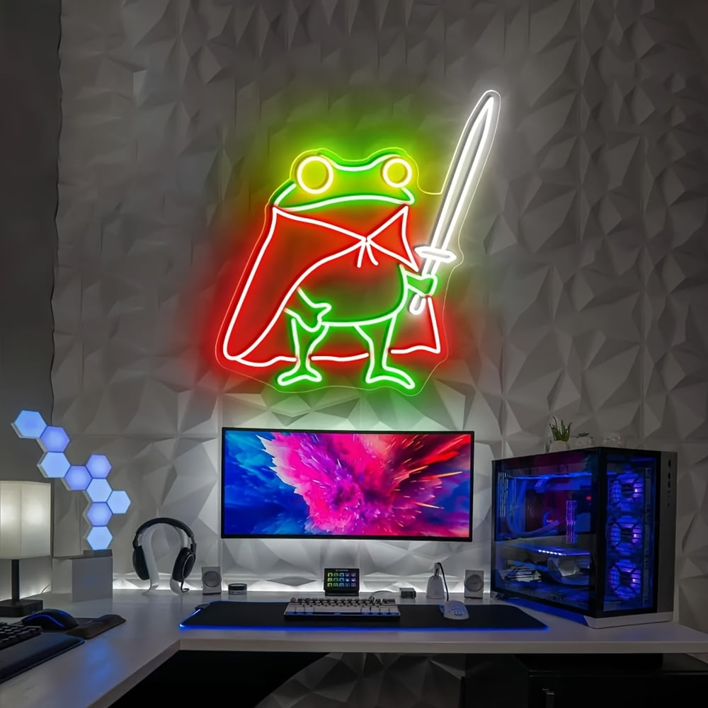 USB-powered Frog Prince neon sign with sword & cape. Vibrant green glow, durable plastic, easy mount. Perfect for kids' room or play area decor.
