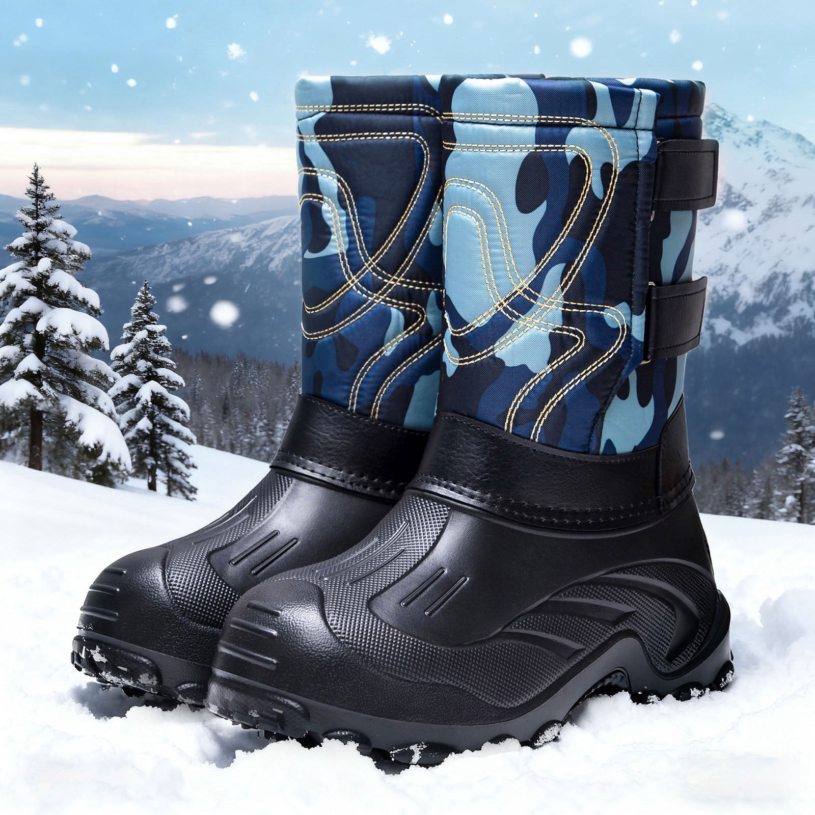 Camo Winter Boots for Men Waterproof Insulated High Top Hook and Loop Snow Booties Anti-Slip Hiking Shoes