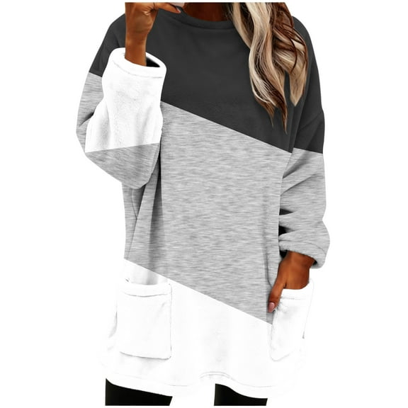 ZUKMRJPC Women's Flannel Sweatshirts Winter Warm Fleece Round Neck Fashion Color Block Long Pullover Soft Comfy Casual Tops with Pocket