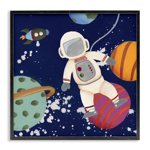 Stupell Industries Bohemian Playful Astronaut Floating In Space Planets Rocketship Black Framed Giclee Art, 12 x 12, by Regina Moore