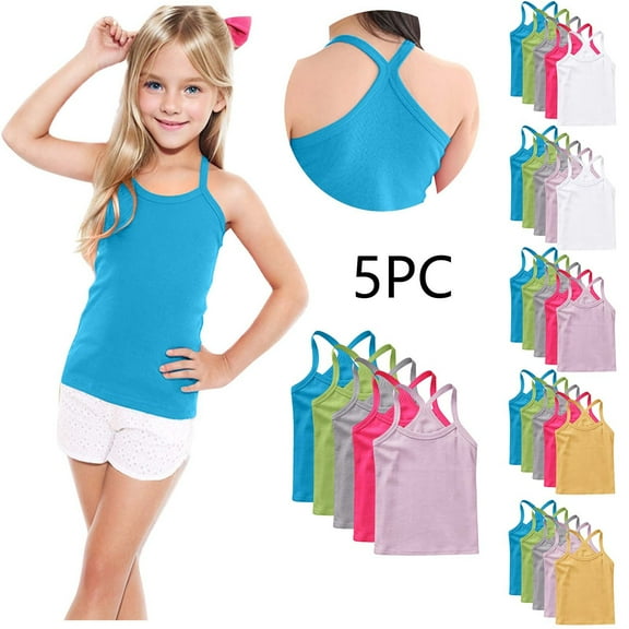 HomeDM 5 Pack Girls Tank Tops Kids Girls Scoop Neck Undershirts Sleeveless Soft Cotton Racerback Crop Dance Tank Tops for Gymnastics Ballet