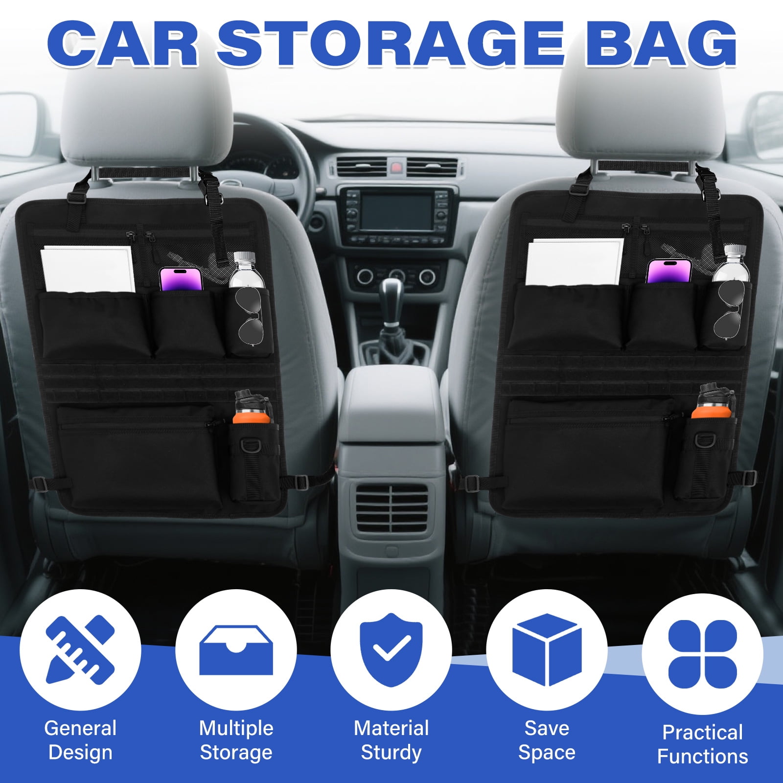 Car Backseat Organizer with 7 Storage Pockets, Adjustable Straps, Universal Fit Seat Back Storage Bag for Road Trips, RV, and Daily Commuting