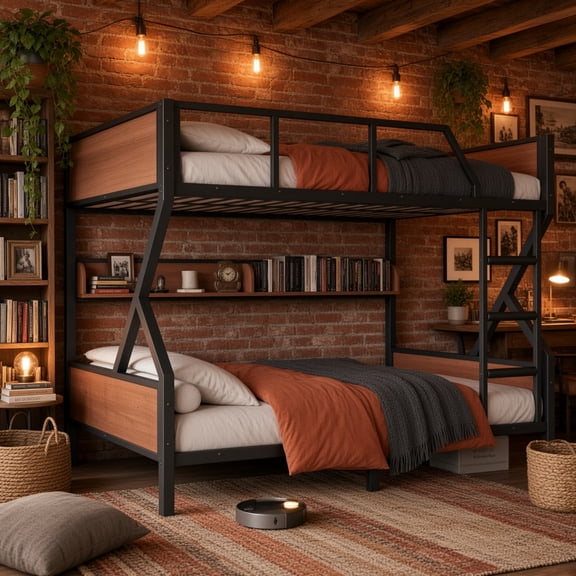 Full Over Full Metal Bunk Bed with Storage Shelves & LED Lights, Angled Ladder, Guardrails, Space-Saving Design, Black