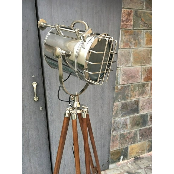 Handmade Wooden Tripod Studio Lamp Marine Flap Searchlight Chrome Nickel Retro Spotlight Focus Floor Lamp Home Decor