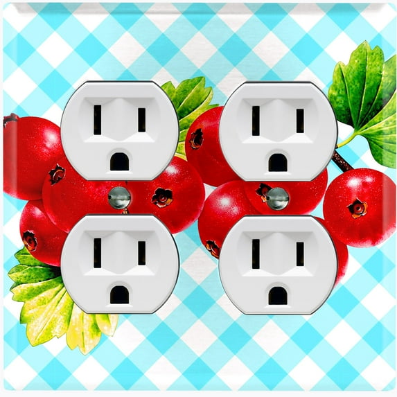 Metal Light Switch Plate Cover Gingham Cranberry Fruit Leaf Picnic Blue FUT001