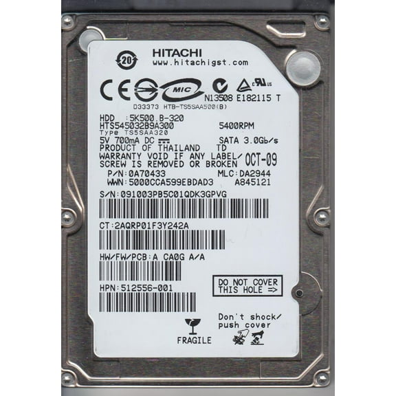 HTS545032B9A300, PN 0A70433, MLC DA2944, Hitachi 320GB SATA 2.5 Hard Drive