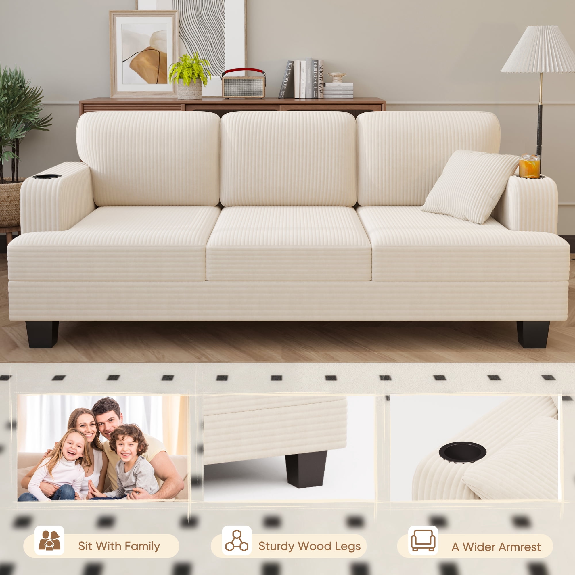 Furmax 84''W 3 Seat Sofa Couch Wide Armrest Modern Fabric Sofa with USB Charging Ports Corduroy Couch for Living Room,Beige