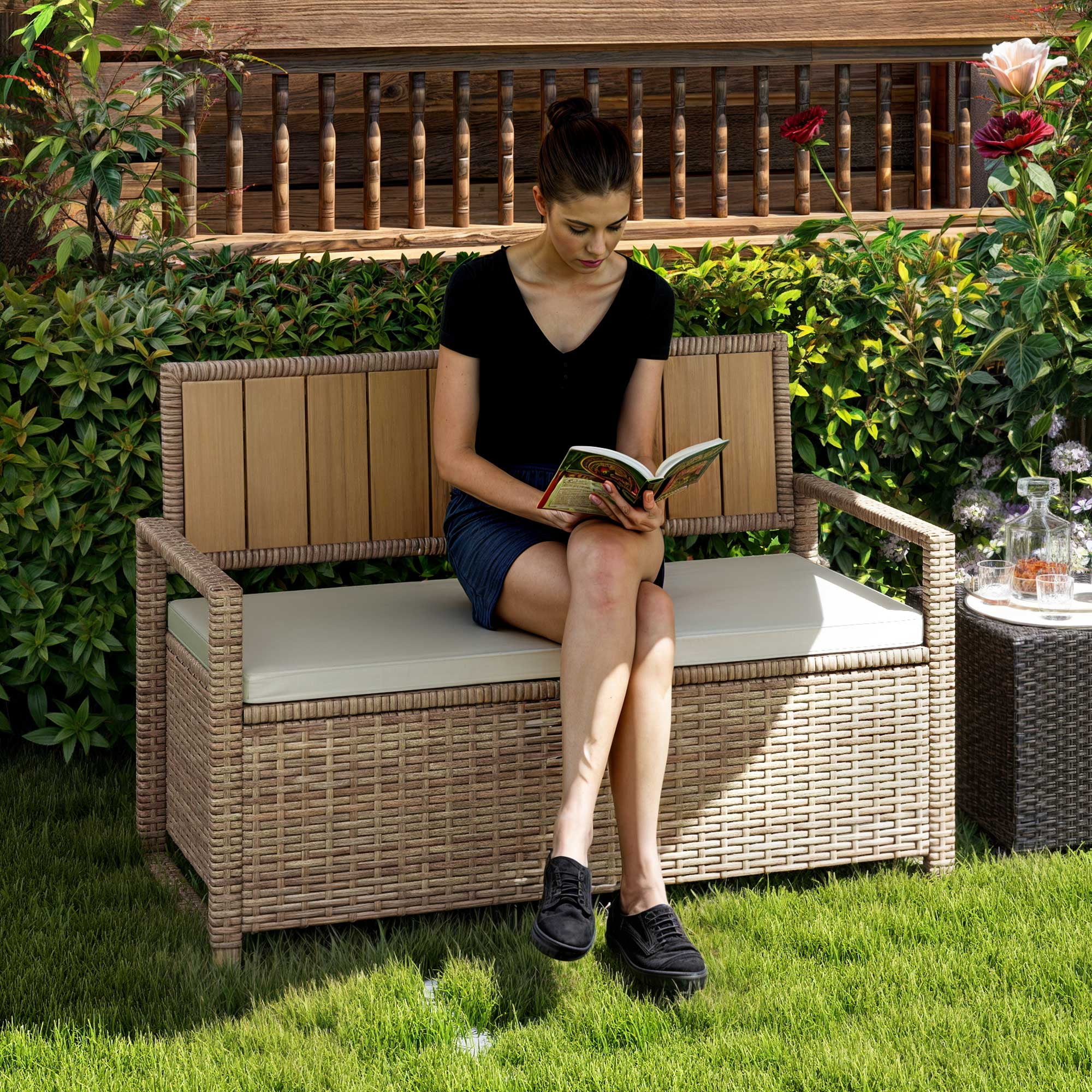 Dextrus Outdoor Storage Bench All Weather PE Rattan 70 Gallon Deck Box With Cushions for Patio Furniture Brown Walmart