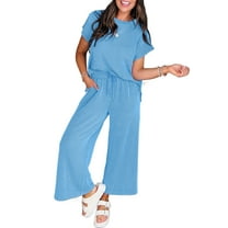 Women's Blue Solid Corded Knit Short Sleeve T-Shirt and Wide Leg Pants Set - [ZhiHiMeRi] | (US 12-14)L