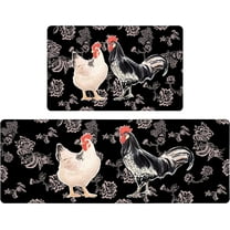 Black Floral Rooster Farmhouse Kitchen Rugs Set 2 Piece Colorful Seasonal Decorative Rug for Kitchen Low-Profile Floor Mats Decorations for Home Kitchen 17x48 17x30 Inches
