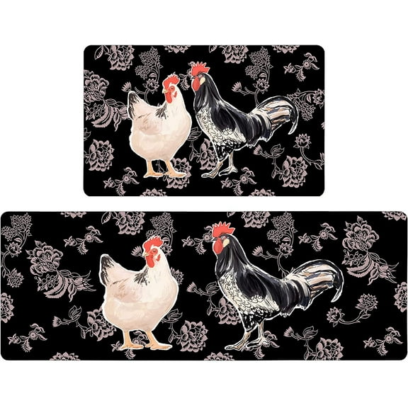 Black Floral Rooster Farmhouse Kitchen Rugs Set 2 Piece Colorful Seasonal Decorative Rug for Kitchen Low-Profile Floor Mats Decorations for Home Kitchen 17x48 17x30 Inches