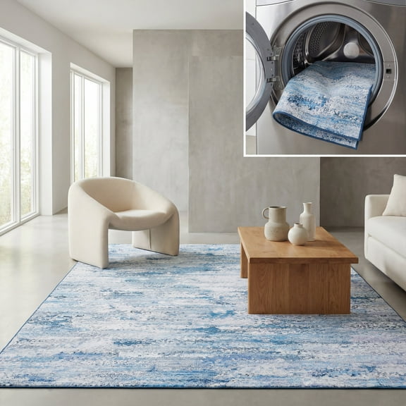 SAFAVIEH Malibu Myrtle Distressed Polyester Machine Washable Area Rug, Grey/Blue, 8' x 10'