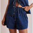 thumbnail image 4 of Women Tie Front Top 2 Piece Outfit Denim Set Sleeveless Deep V Neck Vest Jean Elastic Waist Shorts Sets Dark Blue S, 4 of 7